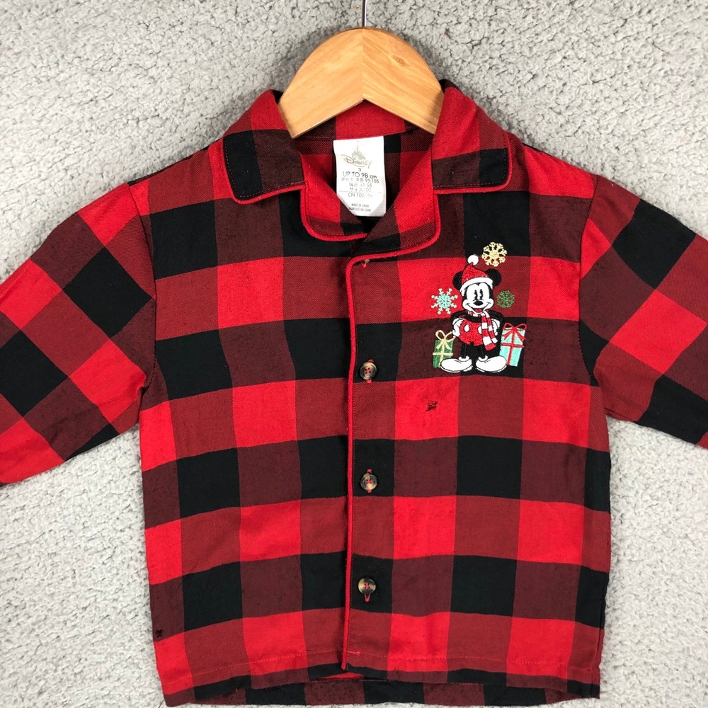 Disney Mickey Mouse Christmas Pajama Top Red Black Buffalo Plaid Toddler Size 3 - Picture 3 of 13